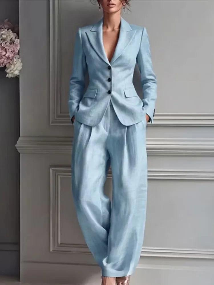 Three-Button Blazer and Wide-Leg Pleated Trousers Set