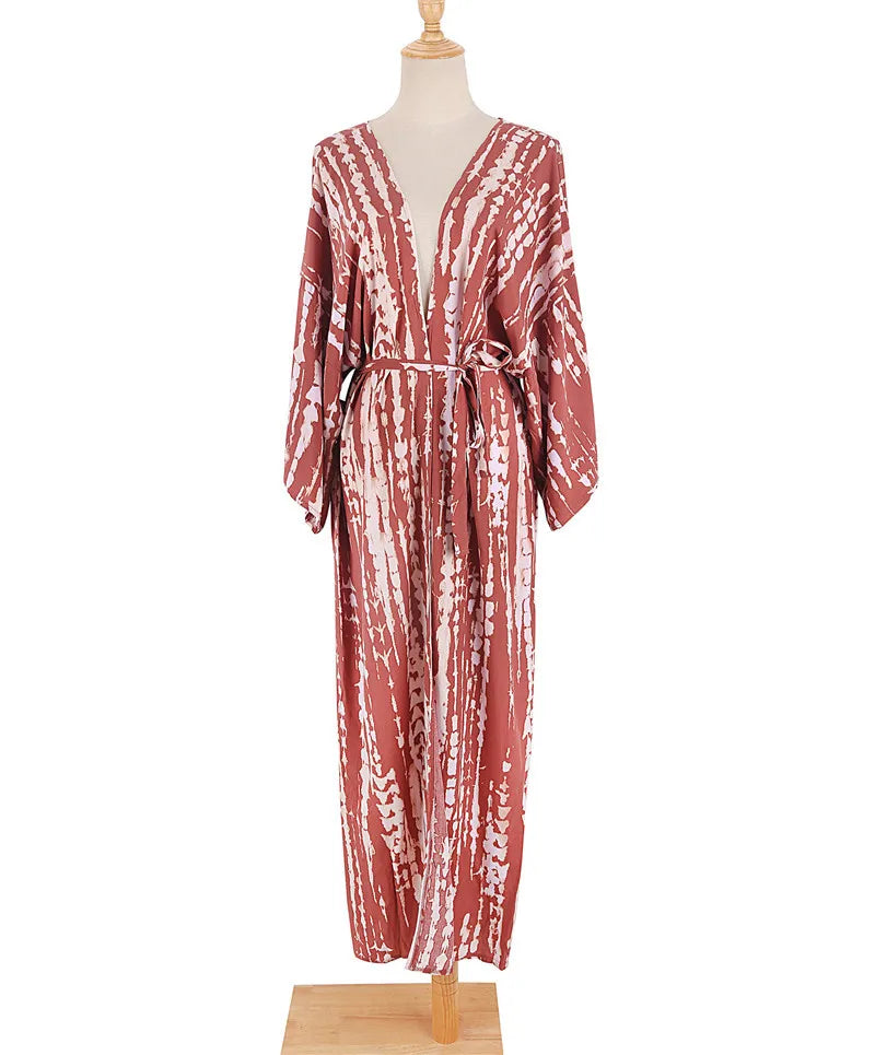 Women's Tie-Dye Long Kimono Cover-Up – Open Front, Rayon, One Size, Beach Style