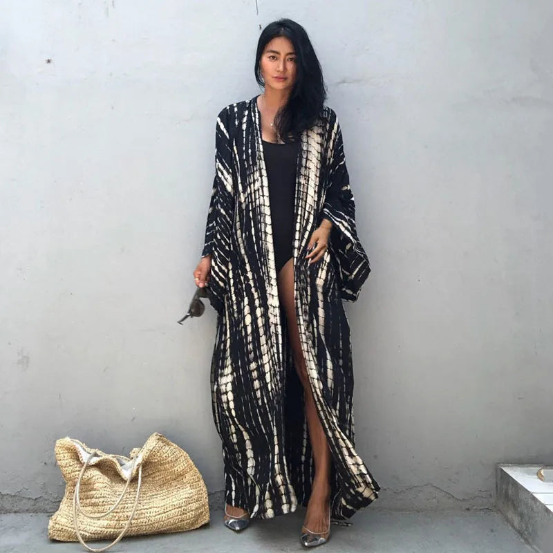 Women's Tie-Dye Long Kimono Cover-Up – Open Front, Rayon, One Size, Beach Style