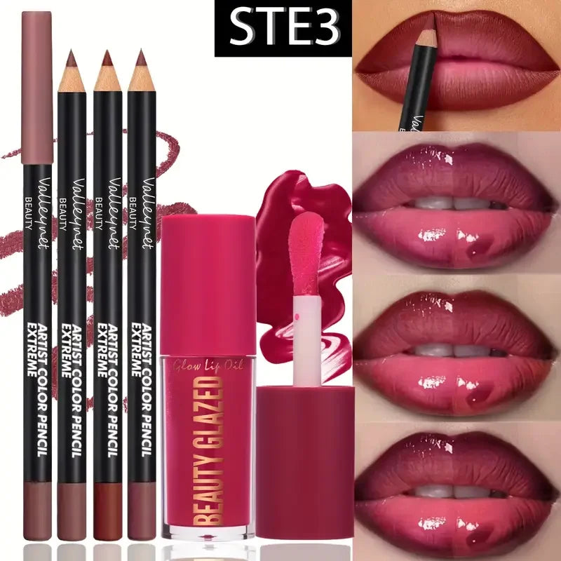 4-Piece Lip Kit – 3 Lip Liners + 1 Matte Gloss, Waterproof, Long-Lasting | 3 Sets