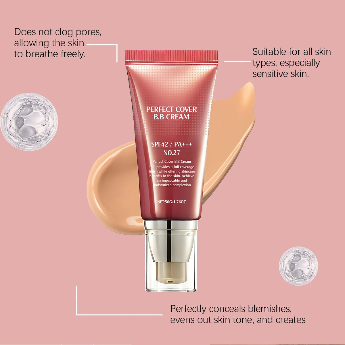 BB Cream SPF 42 PA+++ – Fond de Teint Hydratant Couvrant, Anti-Cernes & Rides, 50 g, 6 Teintes