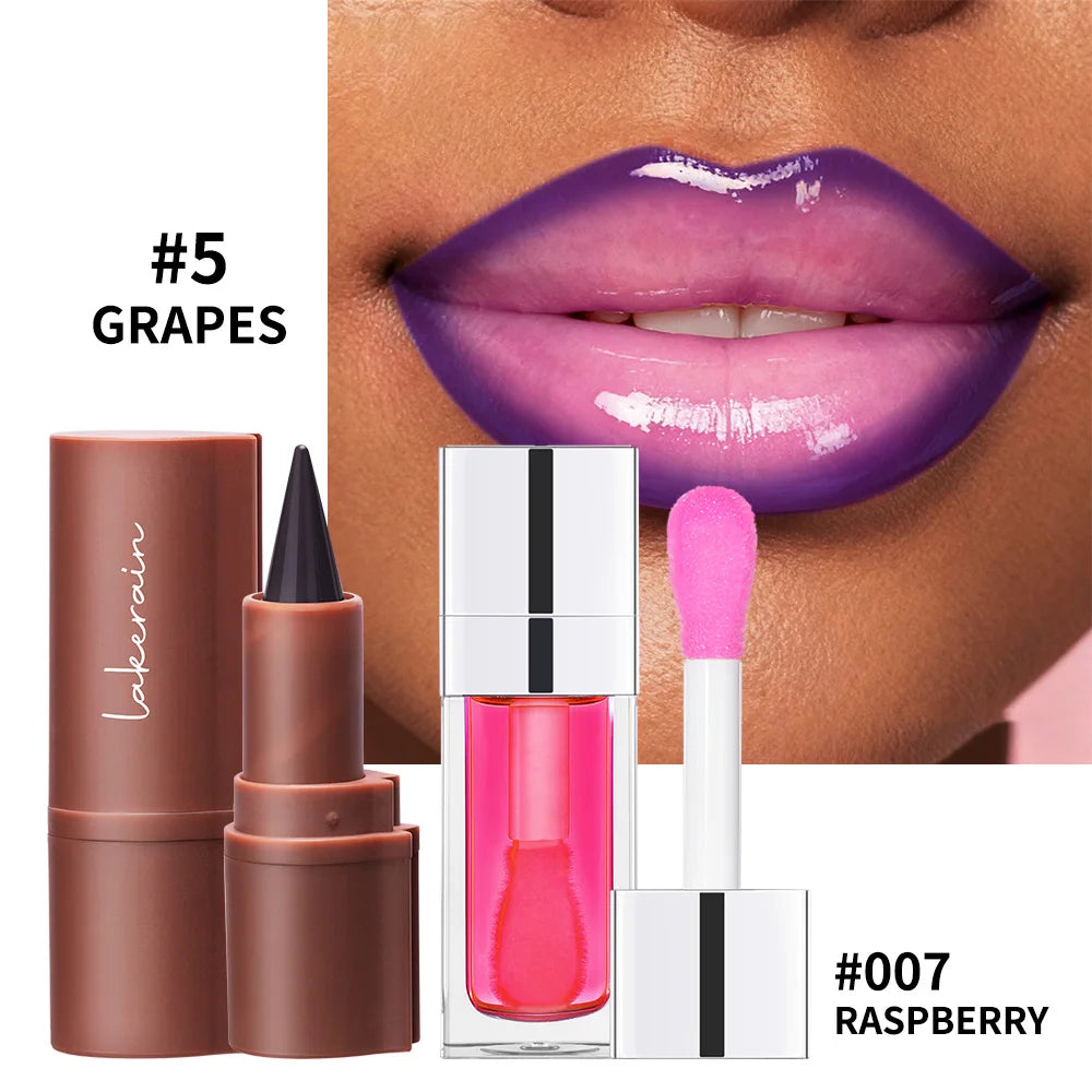 Duo Lèvres – Liner Contour Longue Tenue + Huile Gloss Brillante | 5 Sets | Lakerain