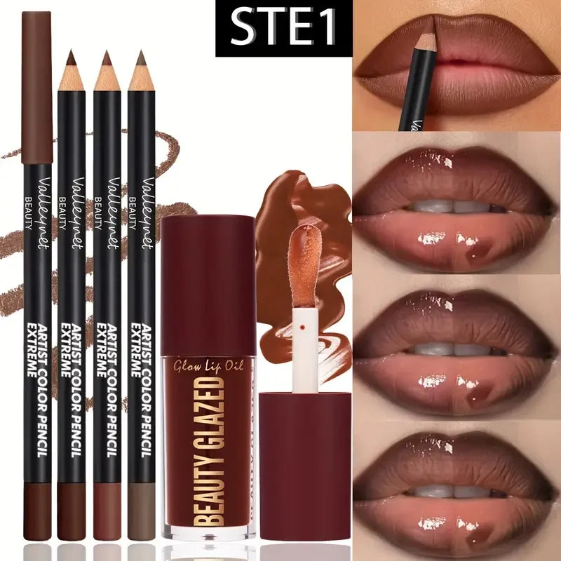 4-Piece Lip Kit – 3 Lip Liners + 1 Matte Gloss, Waterproof, Long-Lasting | 3 Sets