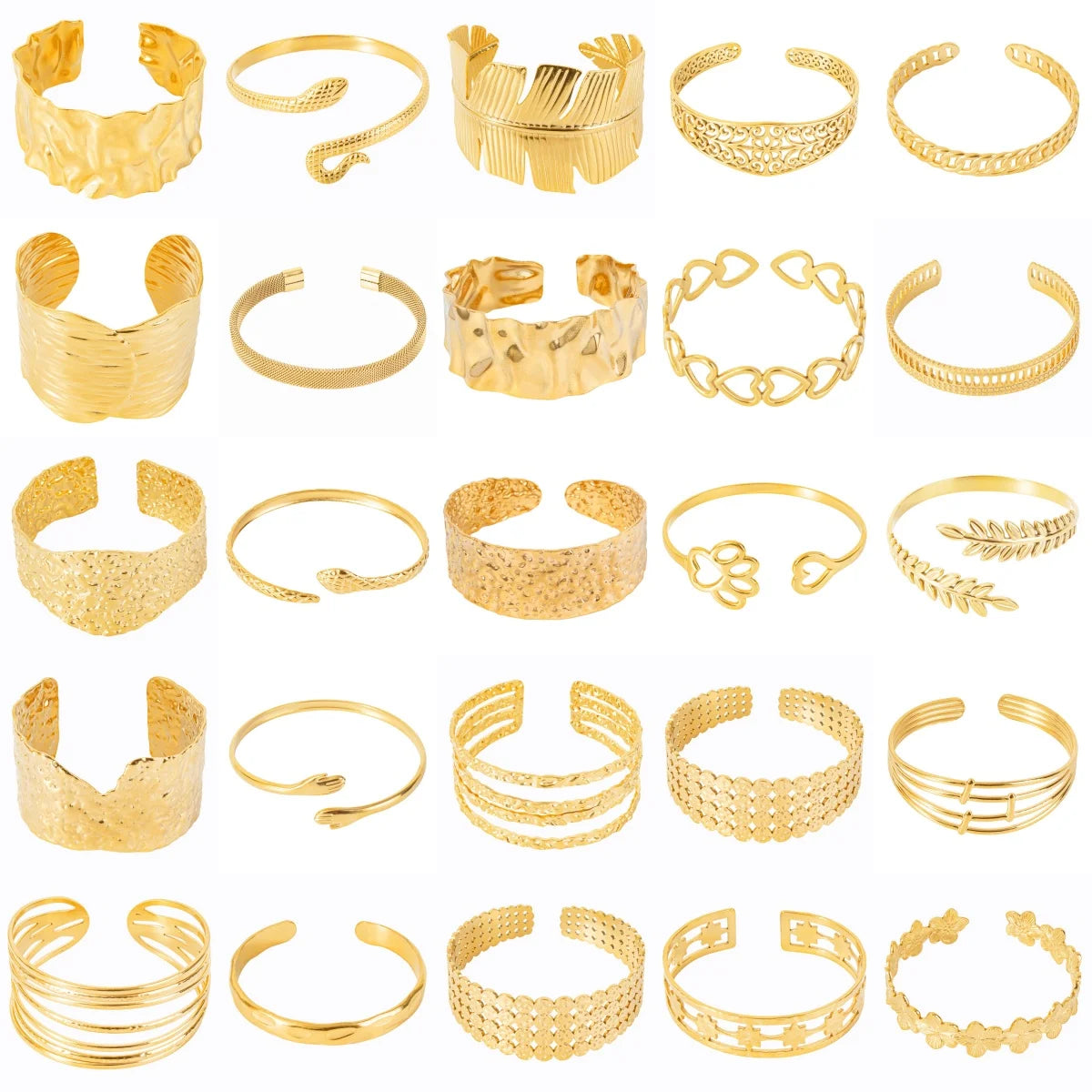 Textured Pattern Bracelet – Flower, Heart or Snake, Gold Stainless Steel, For Women