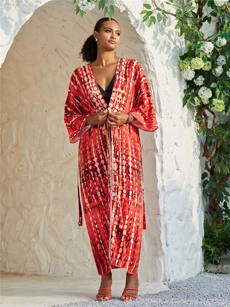 Women's Tie-Dye Long Kimono Cover-Up – Open Front, Rayon, One Size, Beach Style