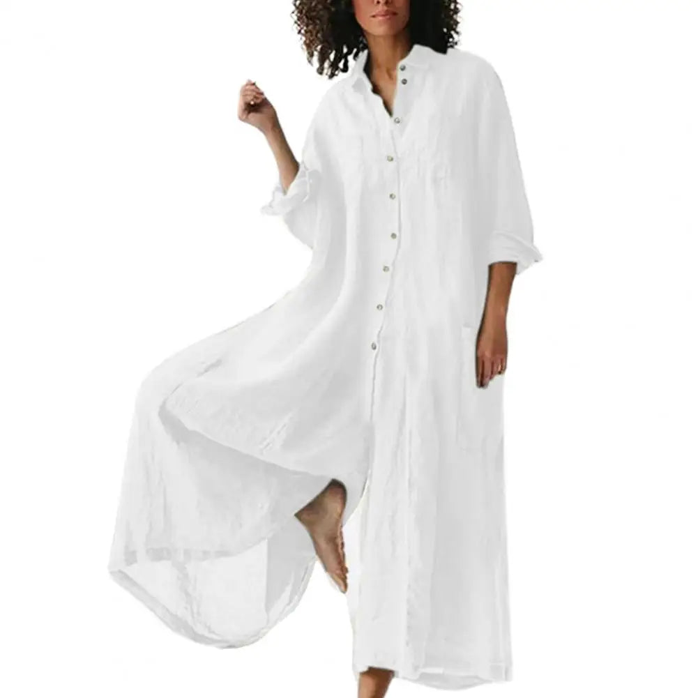 Plus Size Women's Jumpsuit – Linen Cotton, Turn-Down Collar, Wide Leg, Vintage Casual Style