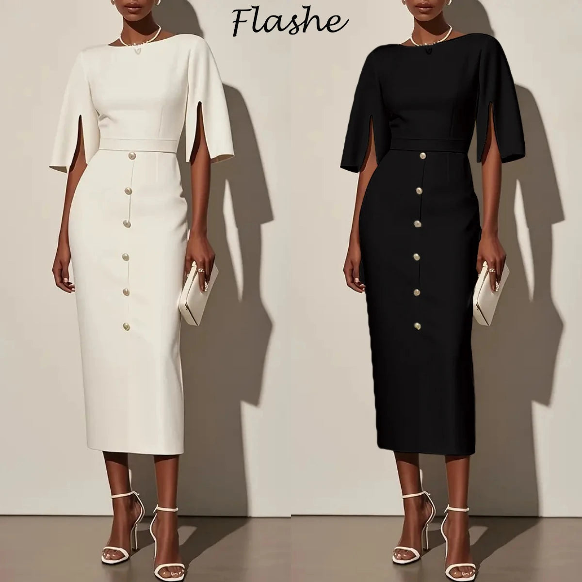 Women's Short-Sleeve Bodycon Dress – Crew Neck, Button Detail, Straight Cut | Office Style