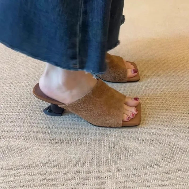 Women's Faux Suede Mules – Square Toe, Unique Block Heel, Elegant Office Style