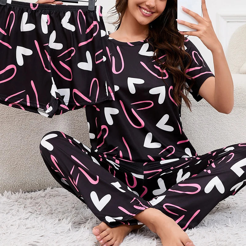 Ensemble Pyjama Femme 3 Pièces – Haut Col Rond Manches Courtes, Short & Pantalon, Imprimé Décontracté