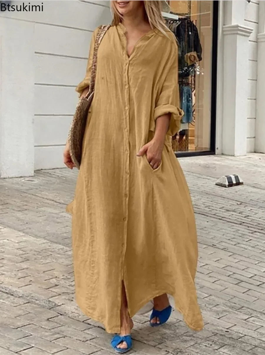 Robe Longue Femme – Coton Lin, Col Rabattu, Manches 3/4, Coupe Ample Oversize, Poches