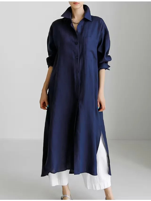 Robe Chemise Femme – Col Rabattu, Manches Longues, Mélange Coton, Coupe Ample | Style Bureau