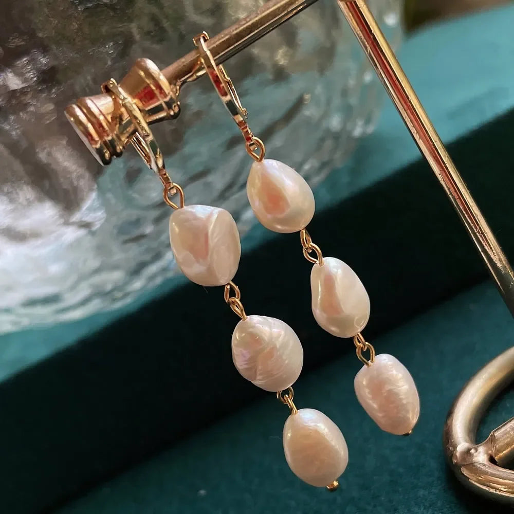 Boucles d'Oreilles Pendantes Perle Baroque Naturelle – Acier Inoxydable Plaqué Or, Longues Franges, Style Coréen
