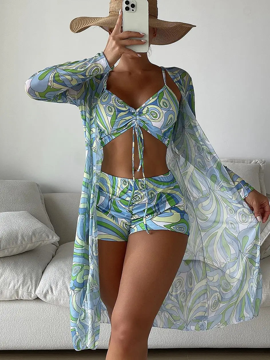 3-Piece Printed Bikini Set – High-Waisted, Cover-Up Included, Summer Beach Style