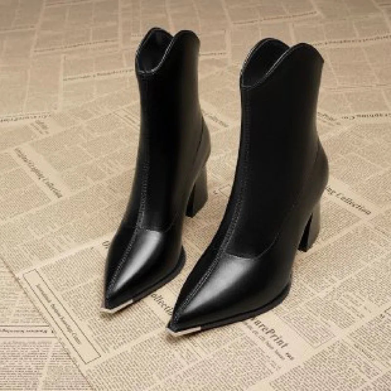 Metallic Pointed-Toe Block Heel Ankle Boots