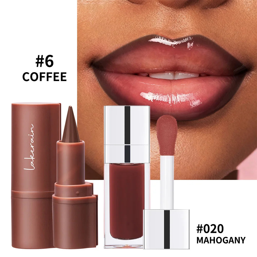 Duo Lèvres – Liner Contour Longue Tenue + Huile Gloss Brillante | 5 Sets | Lakerain