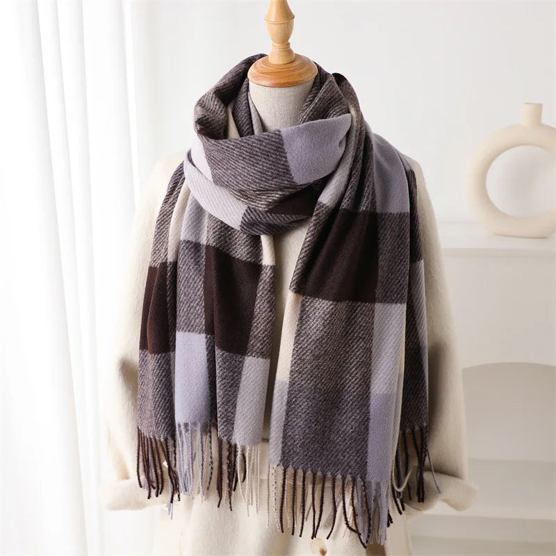 Large Check Scarf with Fringes