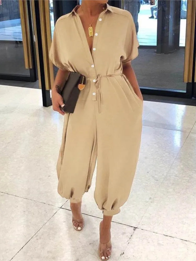 Combinaison Femme – Col V, Laçage, Manches Courtes, Imprimé Léopard, Poches, Taille Haute