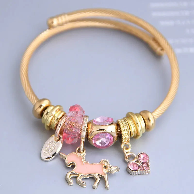 Bracelet Charm Cœur & Cheval – Acier Inoxydable Doré, Cristal, Pour Femme