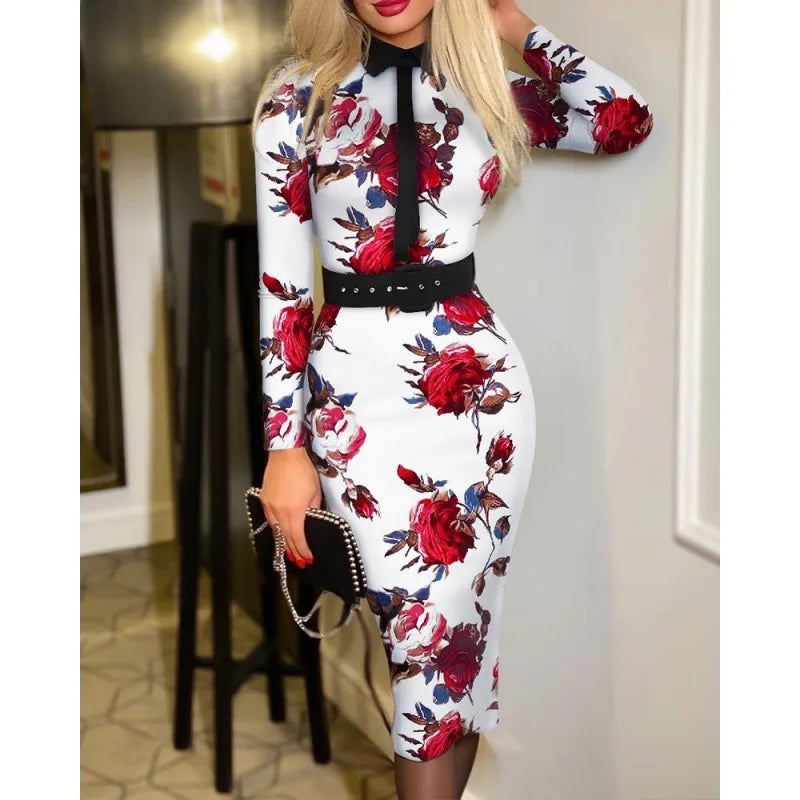 Fitted Printed Midi Dress with Belt and Structured Collar
