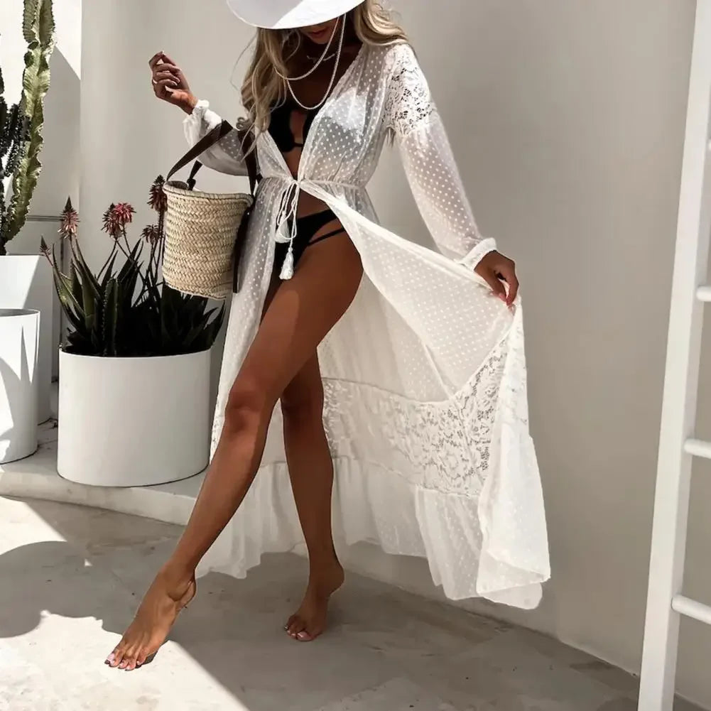 Cache-Maillot Cardigan Dentelle Transparent – Manches Longues, Franges, Col en V, Style Plage Sexy
