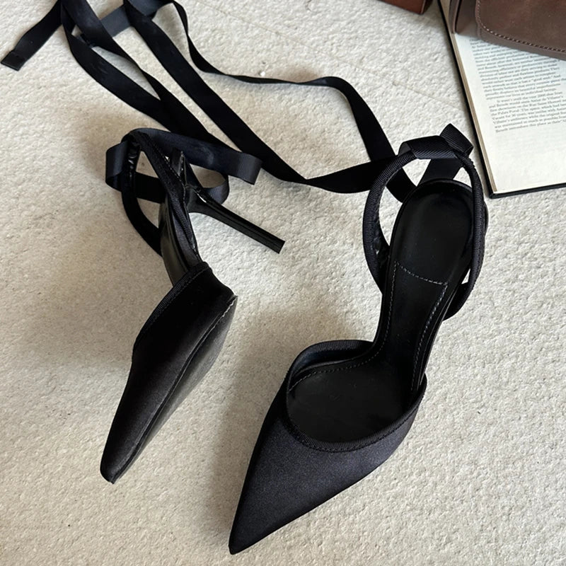 Stiletto Pumps with Ankle Strap - Pointed Toe