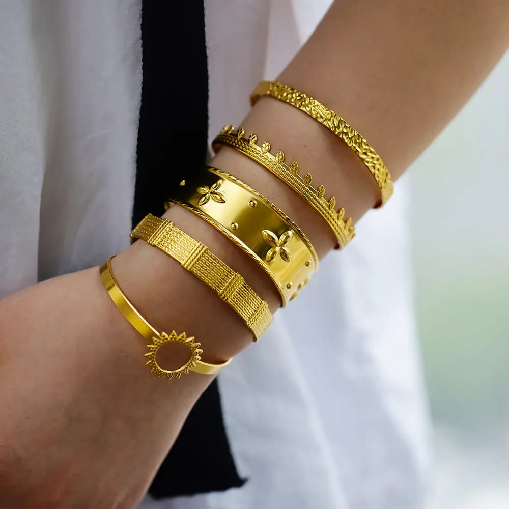 Bracelet Manchette Luxe Doré – Acier Inoxydable, Multicolore, Mariage & Saint-Valentin, Pour Femme
