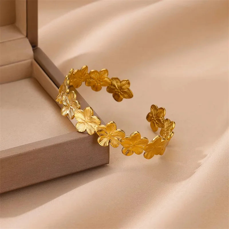 Vintage Floral Cuff Bracelet – Gold Stainless Steel, Botanical Pattern, Aesthetic, For Women