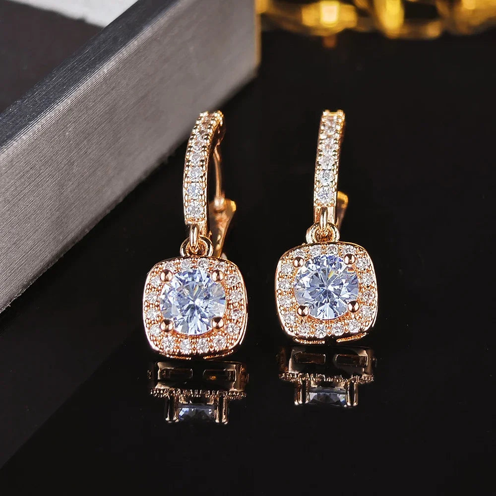 Boucles d'Oreilles Pendantes Carrées Zircon – Cuivre Plaqué Argent, Style Nuptial Élégant, 4 Coloris