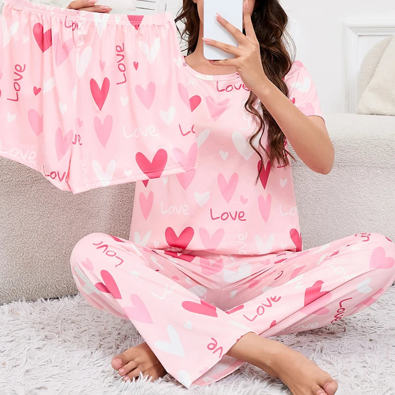 Ensemble Pyjama Femme 3 Pièces – Haut Col Rond Manches Courtes, Short & Pantalon, Imprimé Décontracté