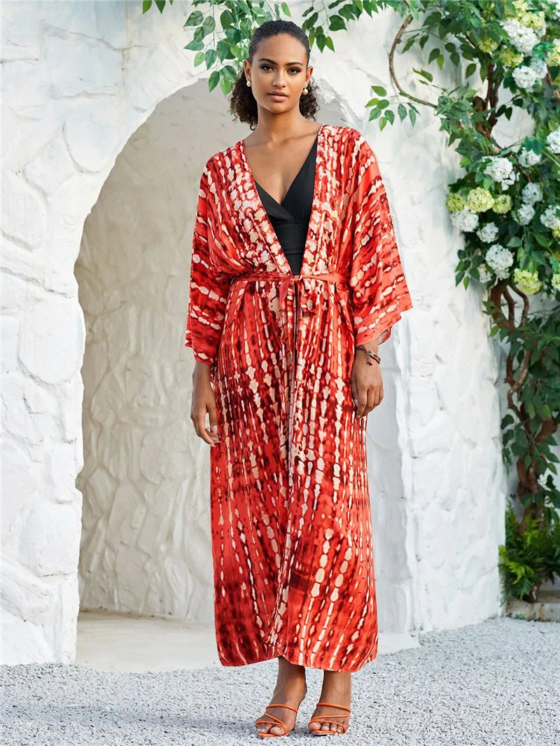Women's Tie-Dye Long Kimono Cover-Up – Open Front, Rayon, One Size, Beach Style