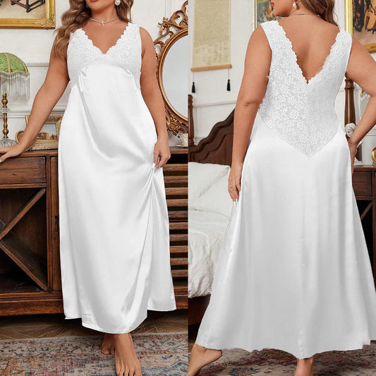 Nuisette Grande Taille Femme – Col V, Dentelle & Bretelles Fines, Tissu Satiné Mi-Mollet