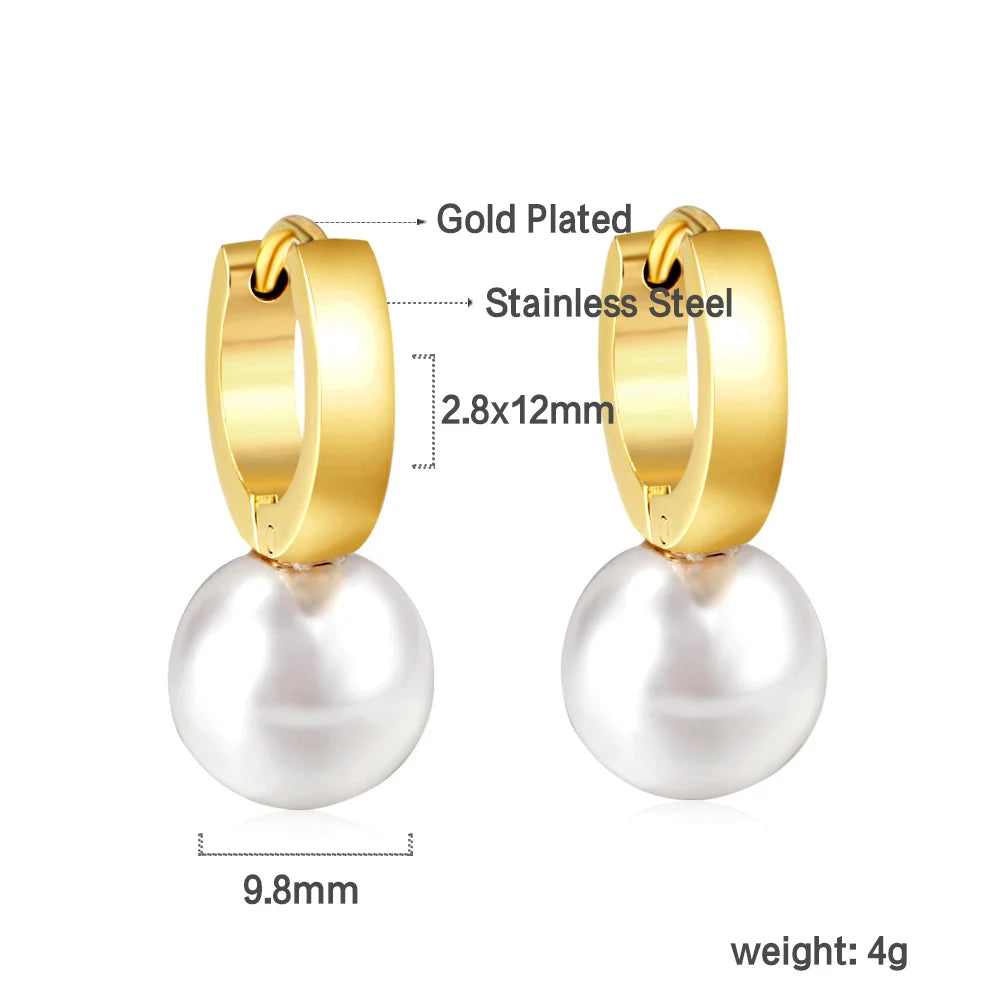 Boucles d'Oreilles Créoles Perle Simulée – Acier Inoxydable Plaqué Or 24K, Style Tendance