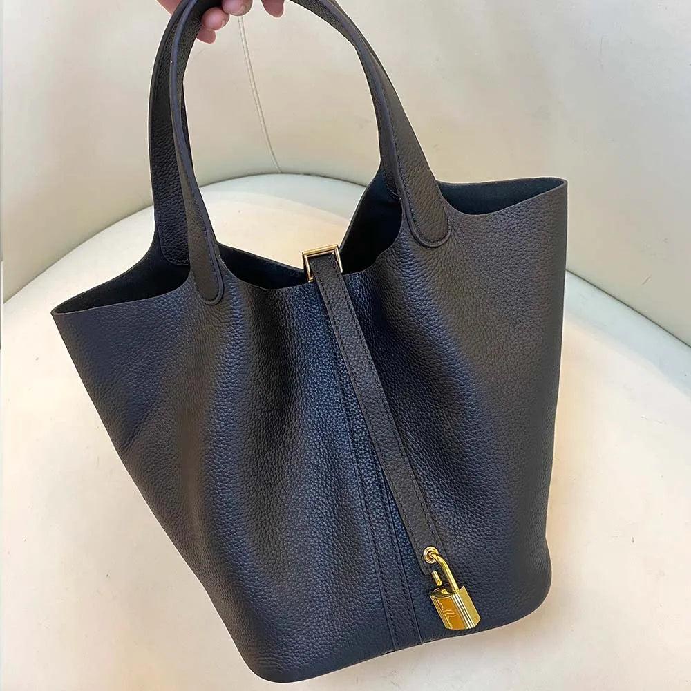 Gold genuine leather bucket bag for women - Large luxury designer tote