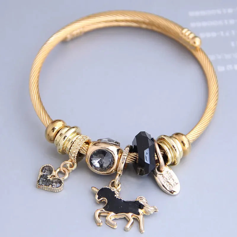 Bracelet Charm Cœur & Cheval – Acier Inoxydable Doré, Cristal, Pour Femme