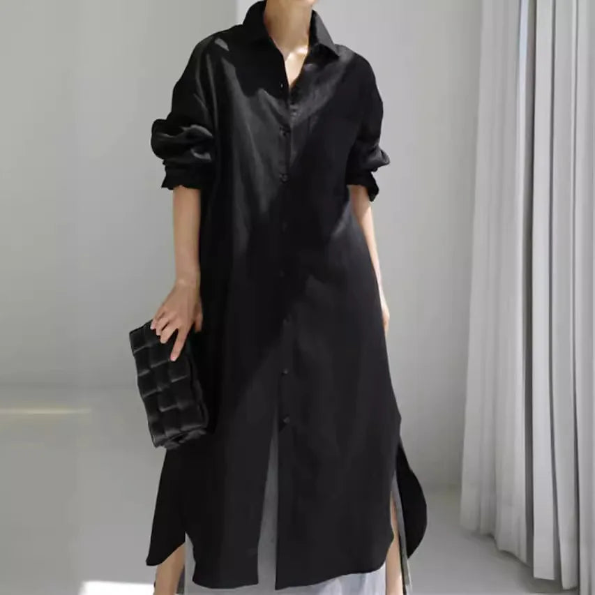 Robe Chemise Femme – Col Rabattu, Manches Longues, Mélange Coton, Coupe Ample | Style Bureau