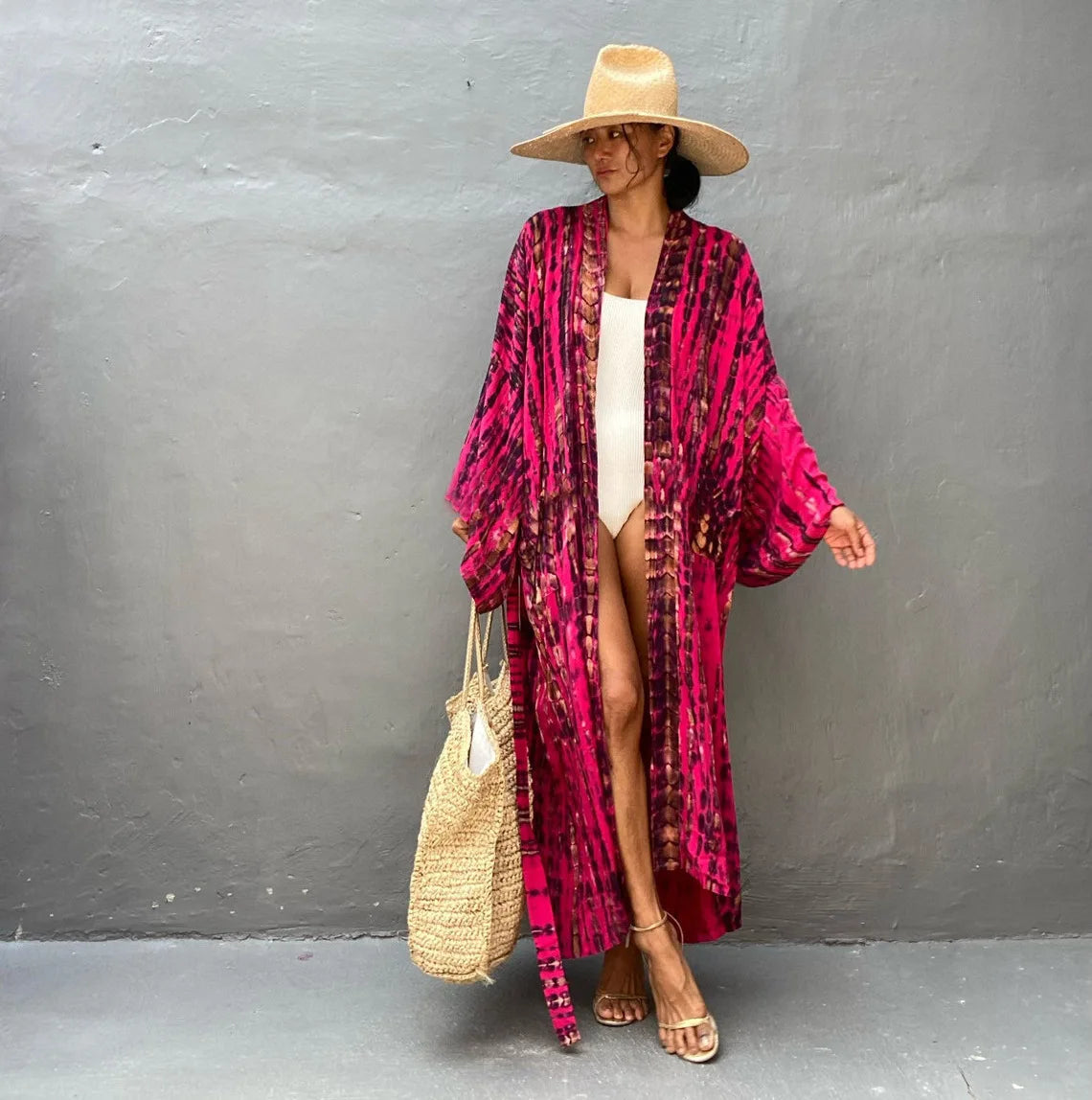 Women's Tie-Dye Long Kimono Cover-Up – Open Front, Rayon, One Size, Beach Style