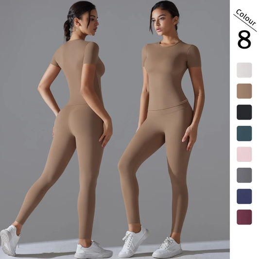 Ensemble de Sport Femme 2 Pièces – Crop Top Manches Courtes & Legging Taille Haute, Yoga & Fitness