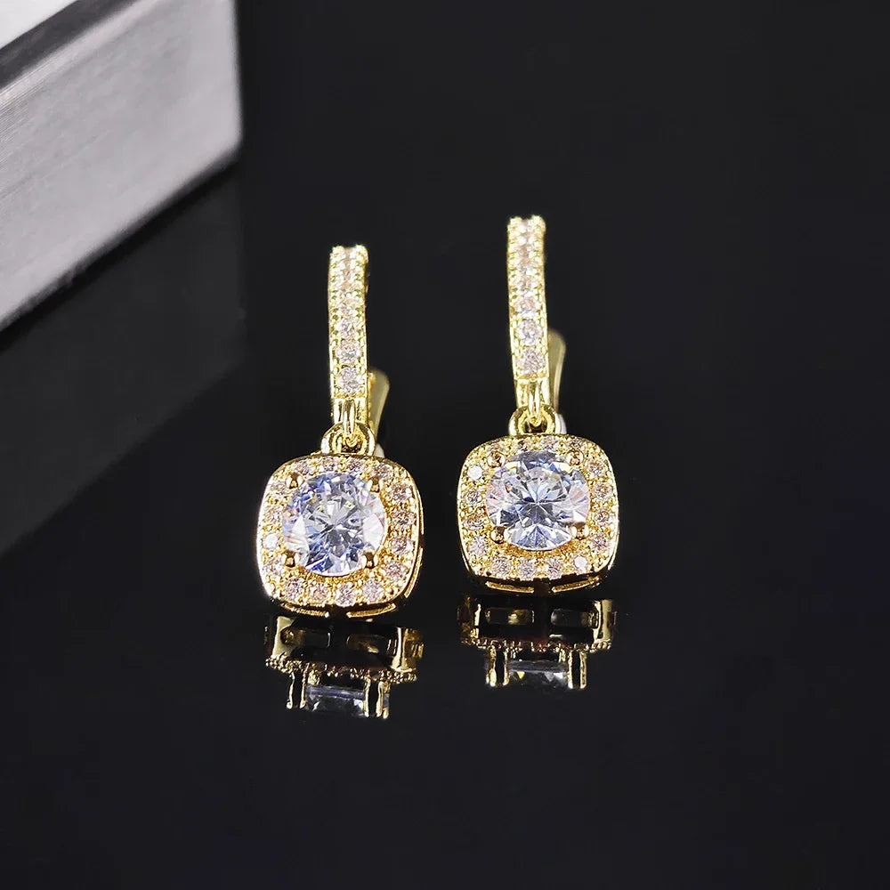 Boucles d'Oreilles Pendantes Carrées Zircon – Cuivre Plaqué Argent, Style Nuptial Élégant, 4 Coloris