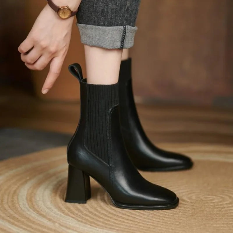 Block-Heel Ribbed Ankle Boots
