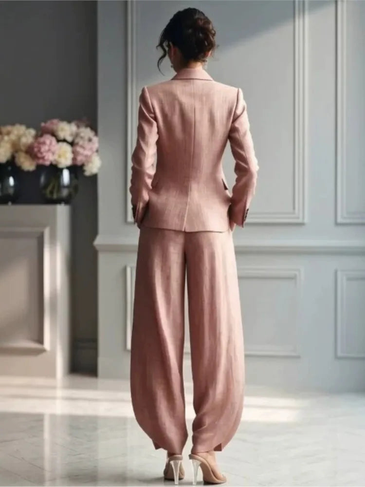 Three-Button Blazer and Wide-Leg Pleated Trousers Set