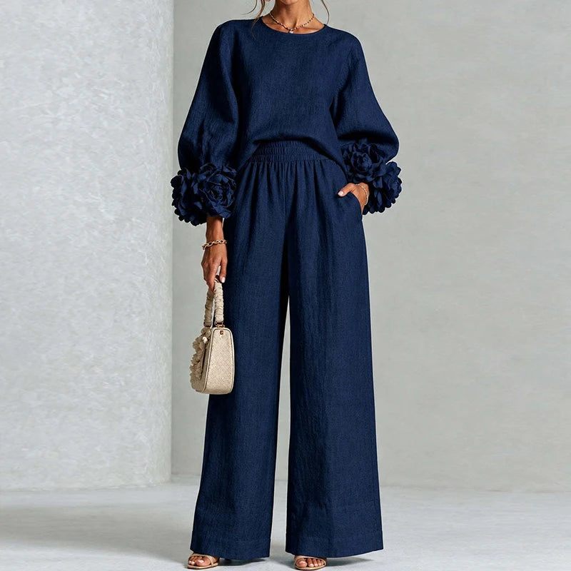 Ensemble deux pièces à manches fleuries et pantalon large