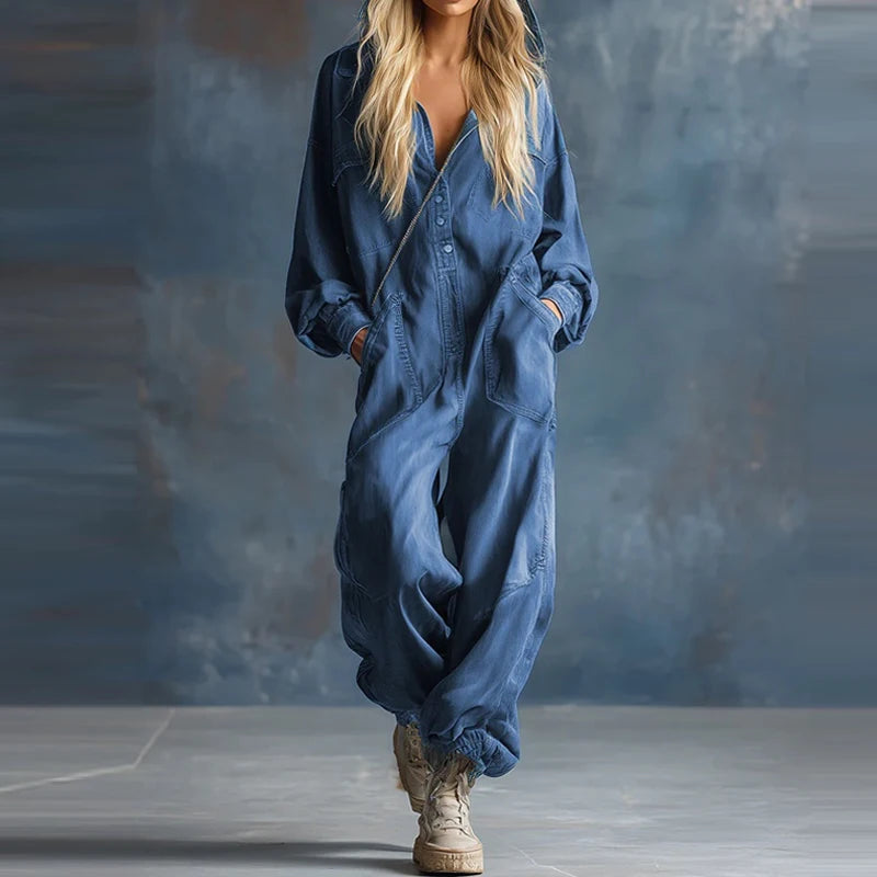 Combinaison Femme en Jean – Capuche, Manches Longues, Poches, Coupe Ample | Style Vintage Chic