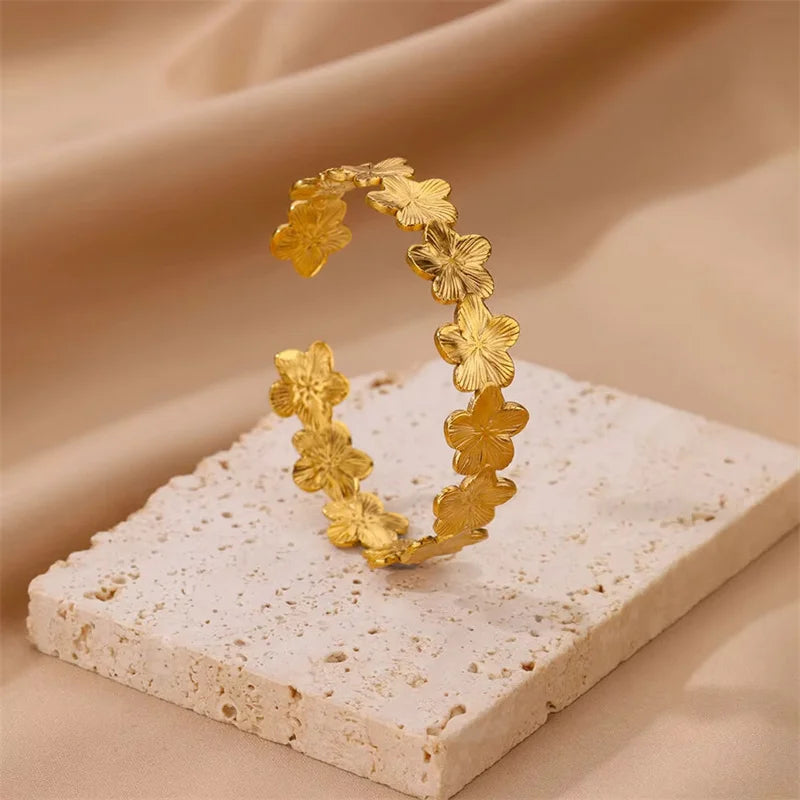 Vintage Floral Cuff Bracelet – Gold Stainless Steel, Botanical Pattern, Aesthetic, For Women