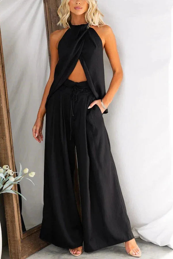 Ensemble Deux Pièces Femme – Top Halter Sans Manches & Pantalon Large Lacé, Coupe Ample