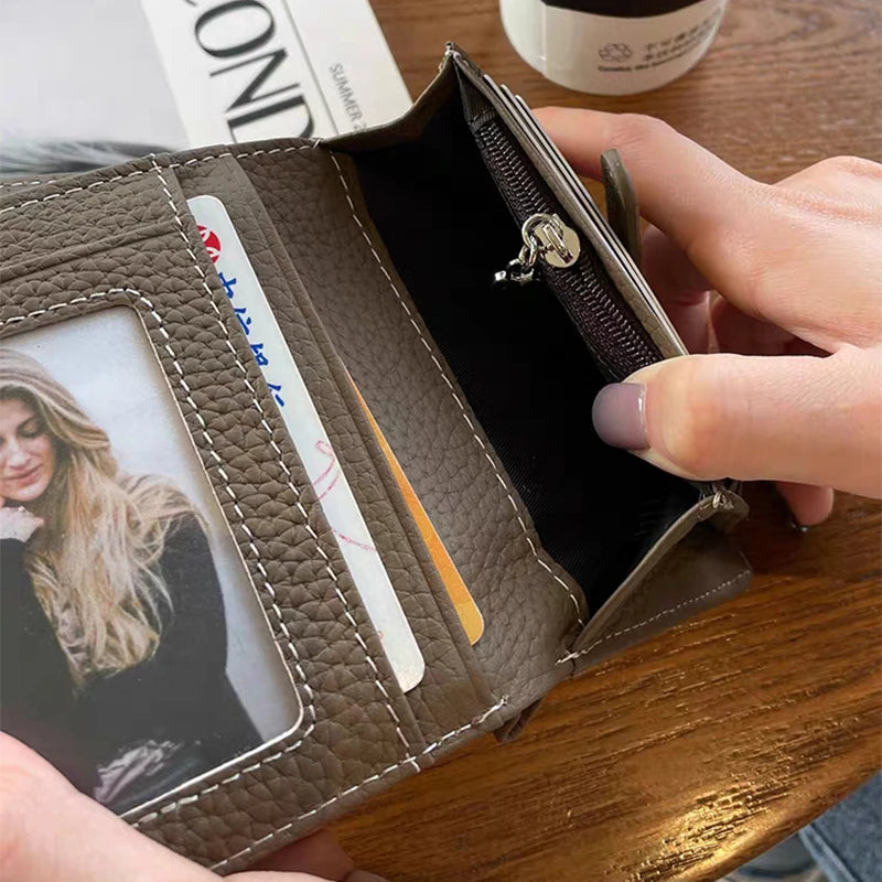 Genuine Leather Women's Wallet – Foldable Card Holder, Zipper Closure, Engraved Letters