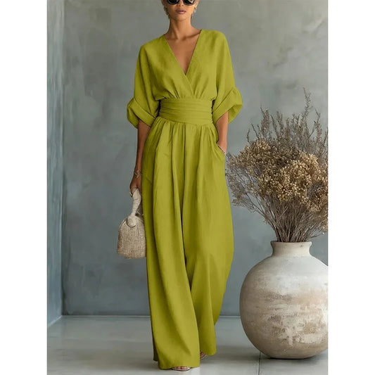 Combinaison Femme – Col V, Taille Haute, Jambes Larges, Poches | Coupe Ample Élégante