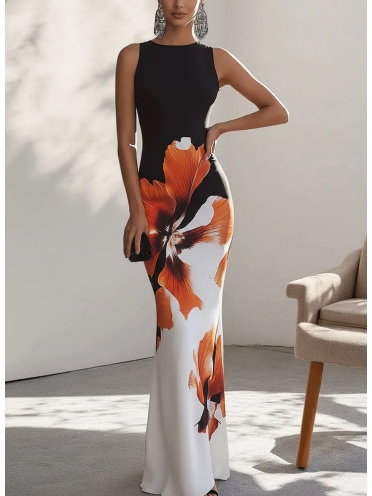 Robe Maxi Femme – Imprimé Floral, Col Rond, Taille Empire, Coupe Slim | Sans Manches