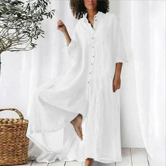 Combinaison Femme Grande Taille – Lin Coton, Col Rabattu, Jambes Larges, Style Casual Vintage