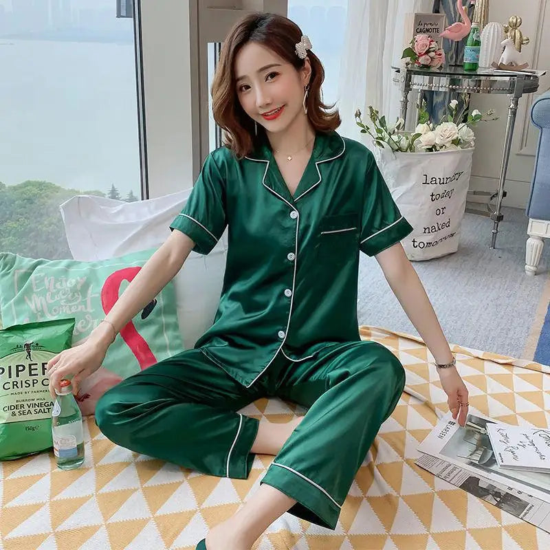 Ensemble Pyjama Femme Satiné – Haut Boutonné & Pantalon, Grande Taille