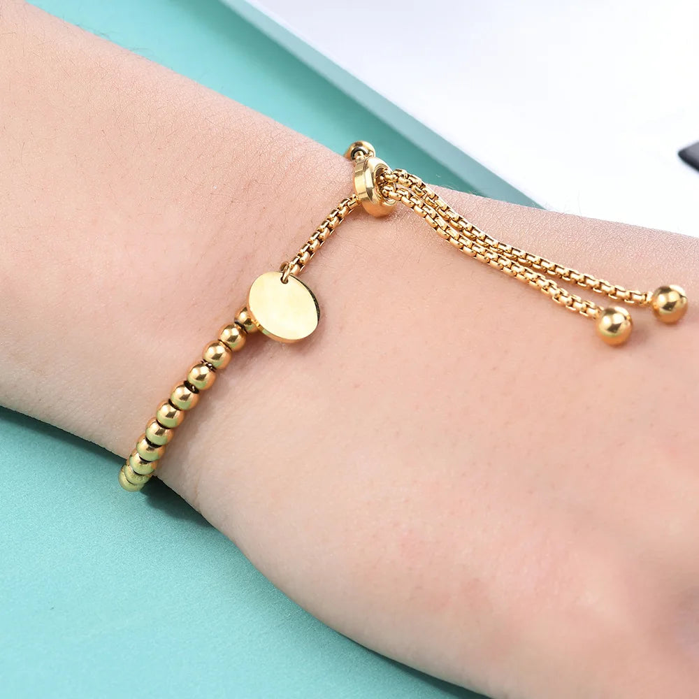 Bracelet Perles Chaîne Ajustable – Acier Inoxydable Plaqué Or 18K, Style Classique, Pour Femme